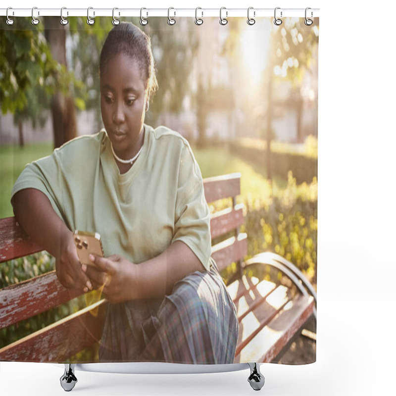 Personality  A Plus-size African American Woman In Casual Attire Sitting On A Wooden Bench In A Park On A Sunny Summer Day, Embracing Body Positivity. Shower Curtains