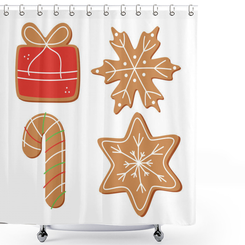 Personality  Christmas Gingerbread Cookies. Classic Xmas Biscuit Isolated On White Background. Vector Illustration. Noel Holiday Sweet Dessert. Shower Curtains