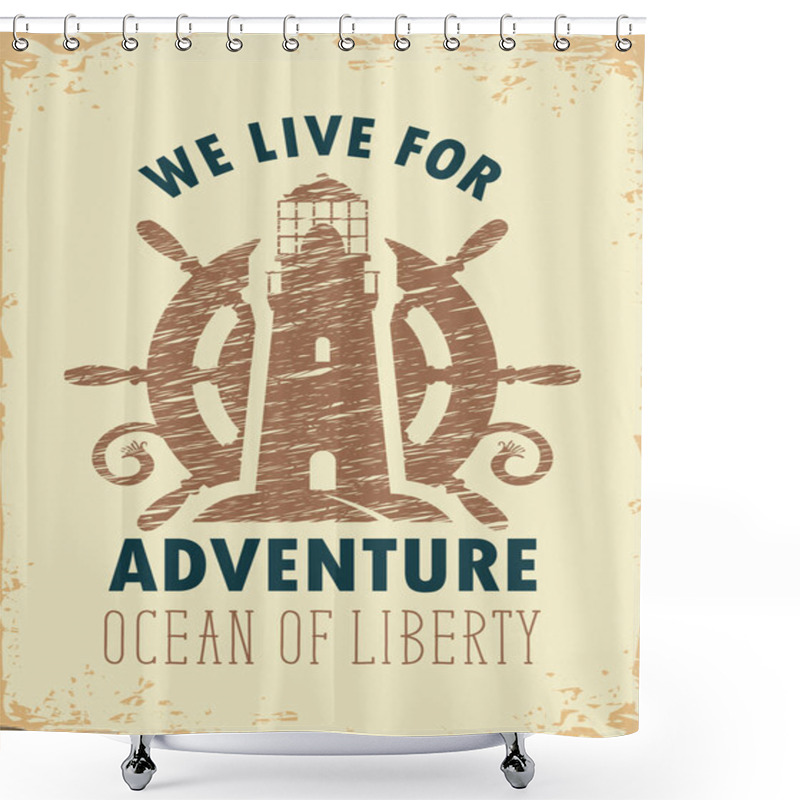 Personality  Travel Banner With Lighthouse And Ships Helm Shower Curtains