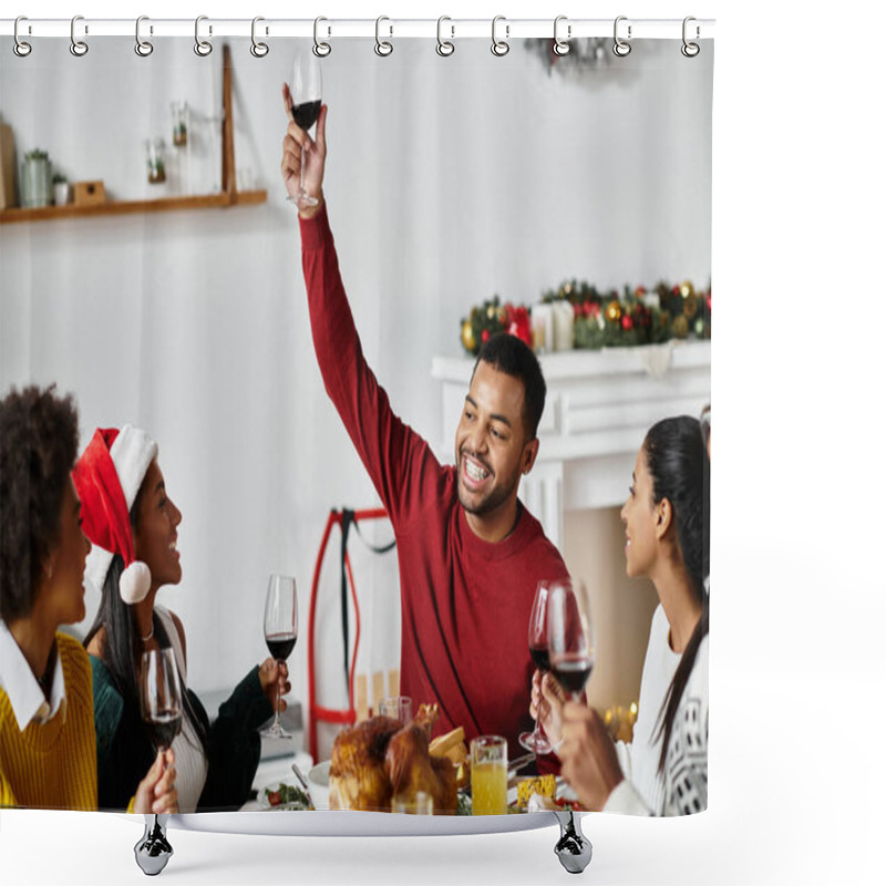 Personality  A Group Of Friends Raise Glasses In A Cheerful Toast During Their Christmas Celebration. Shower Curtains