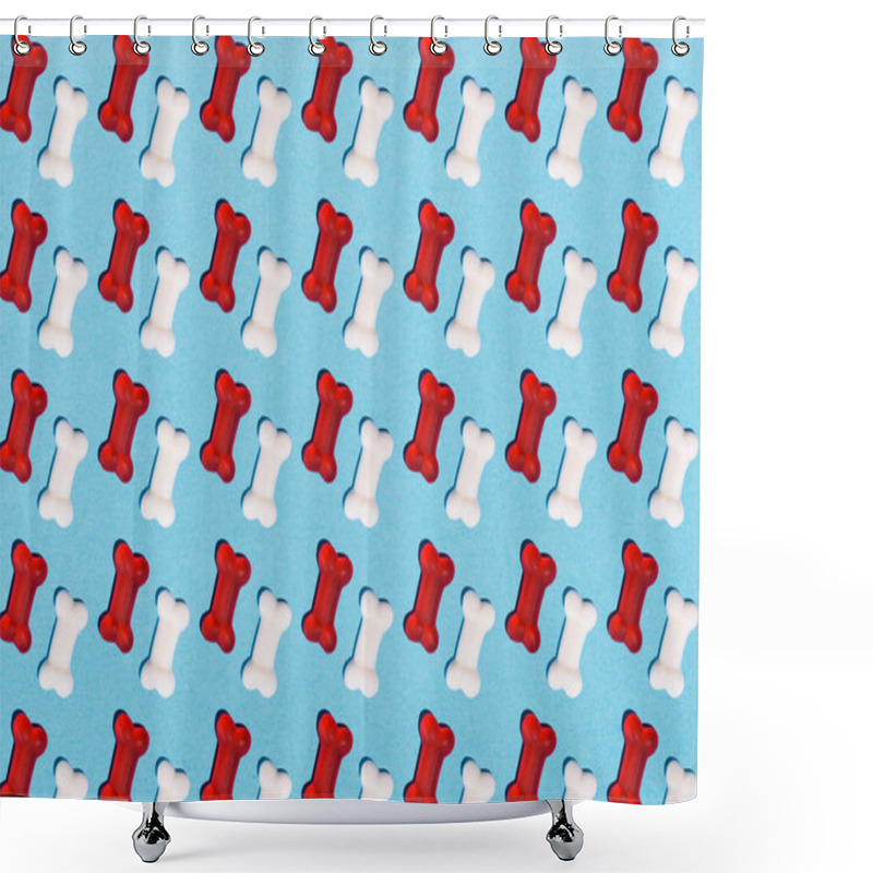 Personality  Top View Of Pattern Of Gummy Candies In Shape Of Bones On Blue Shower Curtains