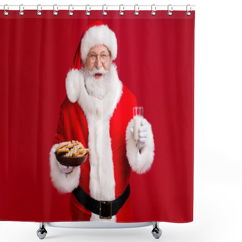 Personality  Photo Of Crazy Funky Santa Claus Hold X-mas Tradition Ginger Bread Cookies Plate Milk Glass Wear Red Costume Headwear Isolated Over Bright Shine Color Background Shower Curtains