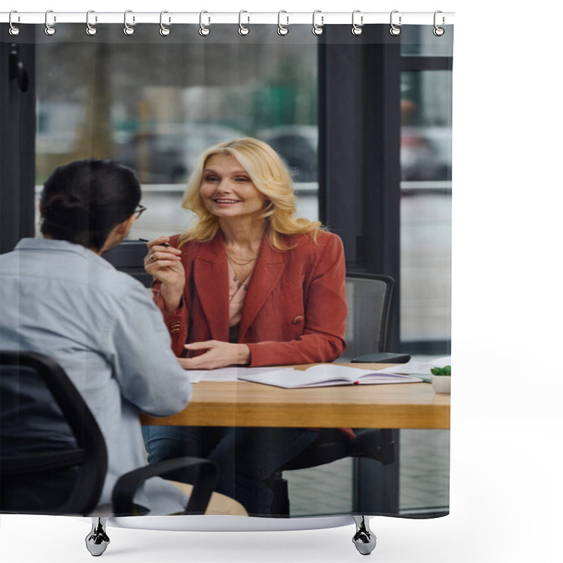 Personality  Woman And Man Conversing At Table In Office Setting. Shower Curtains