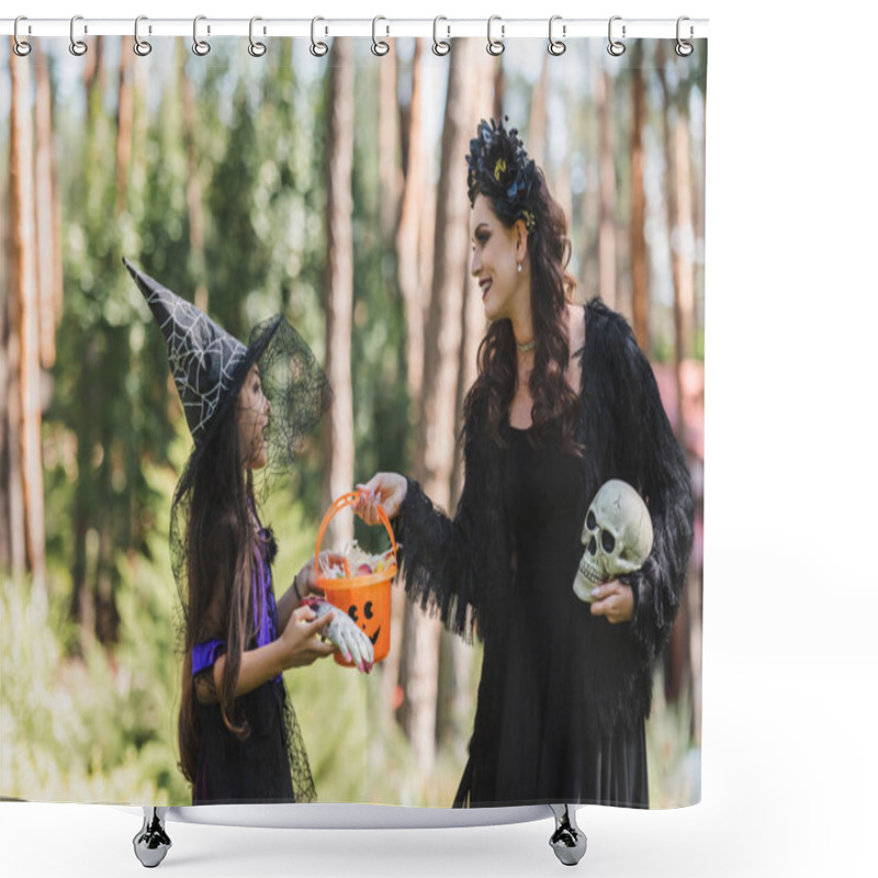 Personality  Happy Mother And Daughter In Halloween Costumes, With Bucket Of Sweets And Skull In Forest Shower Curtains