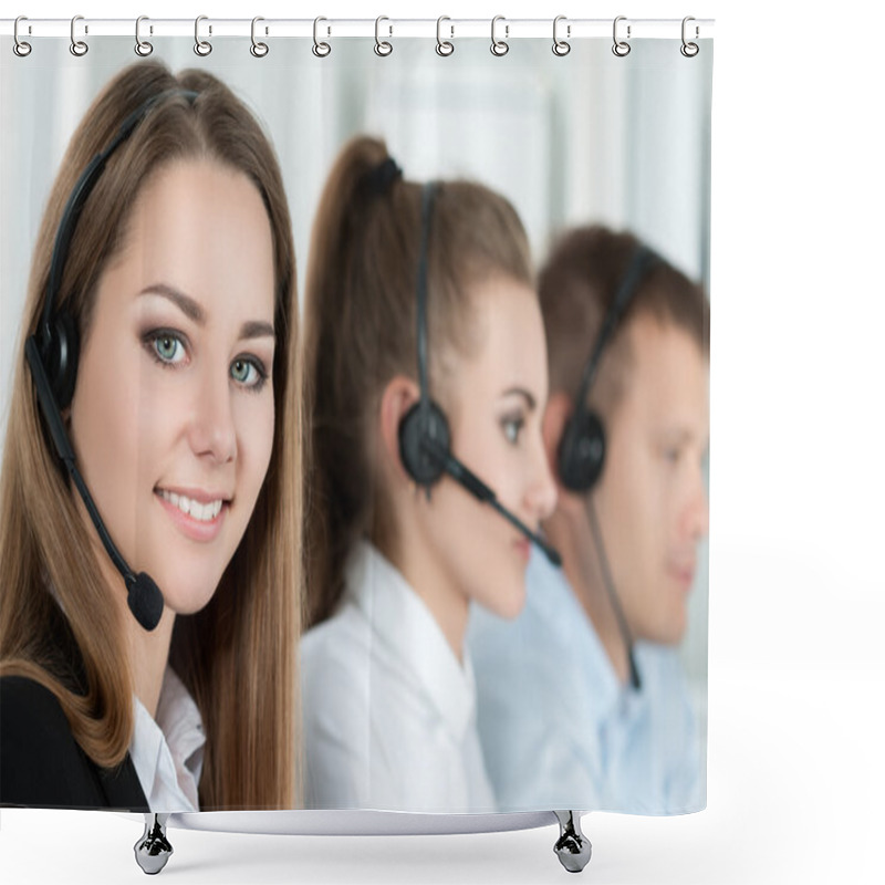 Personality  Portrait Of Call Center Worker Accompanied By Her Team Shower Curtains