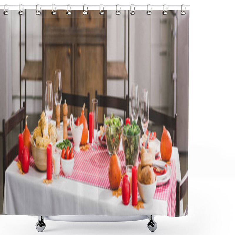 Personality  Panoramic Shot Of Table With Salad, Glasses, Candles, Vegetables, Pepper Mill, Corn, Salt Mill And Pumpkins In Thanksgiving Day  Shower Curtains