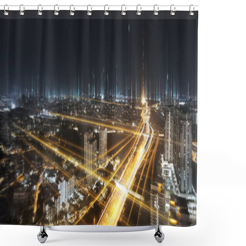 Personality  Communication Network And Traffic Light On Highway .Concept Of Smart City Network, Internet Communication And Digital Traffic Management System . Shower Curtains