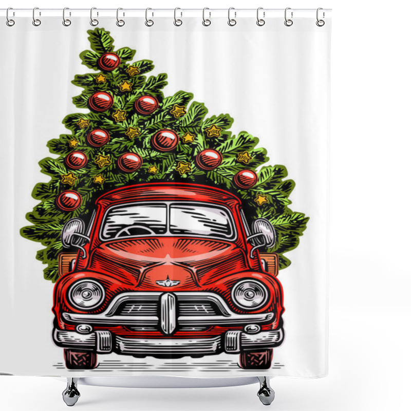 Personality  Red Retro Car With A Christmas Tree. Vector Illustration Shower Curtains