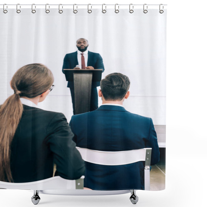 Personality  Handsome African American Speaker Talking During Seminar In Conference Hall Shower Curtains