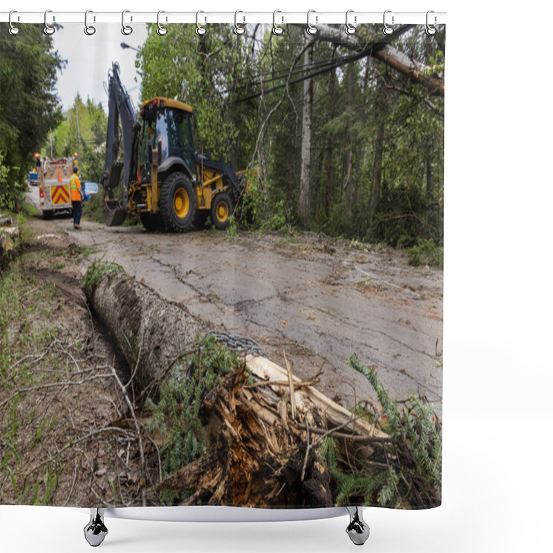 Personality  Creative Selective Focus Shot With Low View On Fallen Tree Trunk On Side Of Road After High Winds, Blurry Contractors Are Seen At Work In Background. Shower Curtains