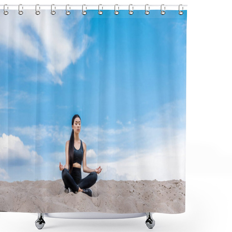 Personality  Woman Meditating In Lotus Yoga Pose Shower Curtains