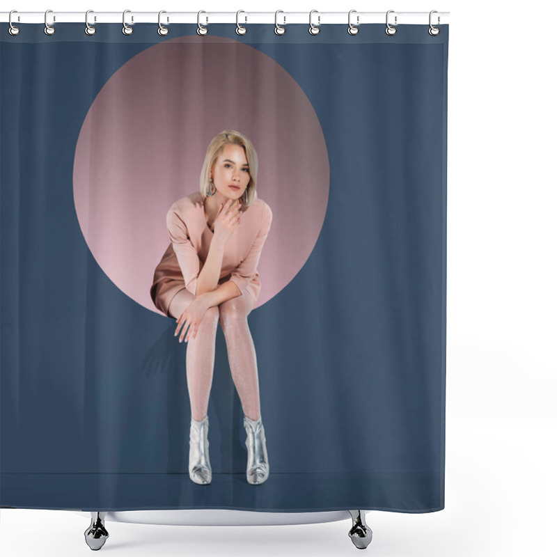 Personality  Beautiful Stylish Blonde Girl Sitting In Hole And Looking At Camera On Blue Shower Curtains