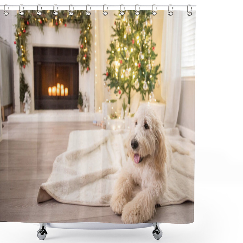 Personality  Happy Down Laying Down In Front Of Christmas Decor And Tree Shower Curtains