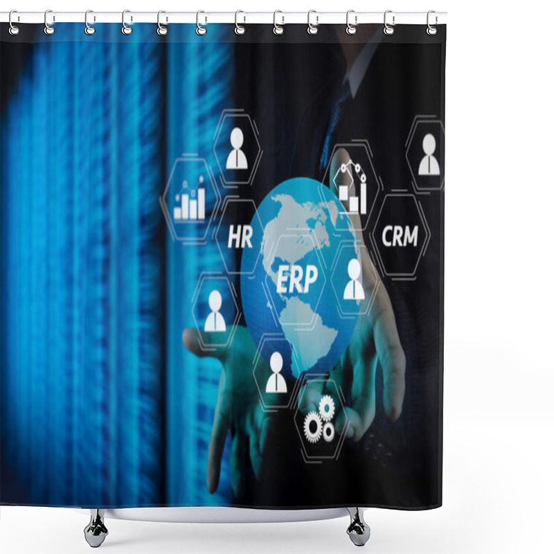 Personality  Architecture Of ERP (Enterprise Resource Planning) System With Connections Between Business Intelligence (BI), Production, CRM Modules And HR Diagram.Businessman Hand Working With 3d Globe With Cloud Computing. Shower Curtains