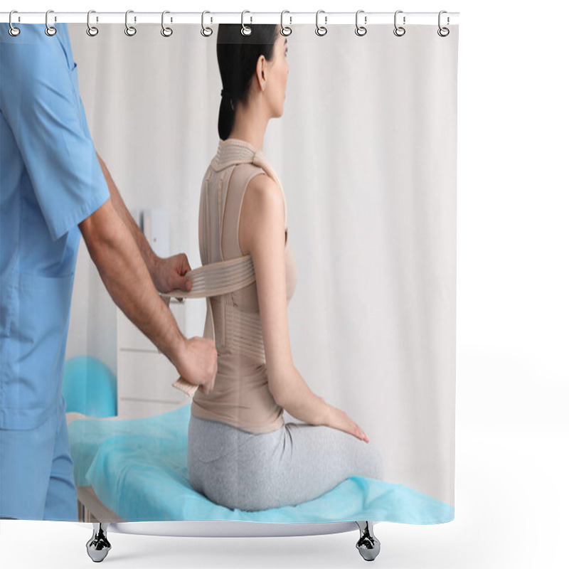 Personality  Orthopedist Helping Patient To Put On Posture Corrector In Clinic, Closeup. Scoliosis Treatment Shower Curtains