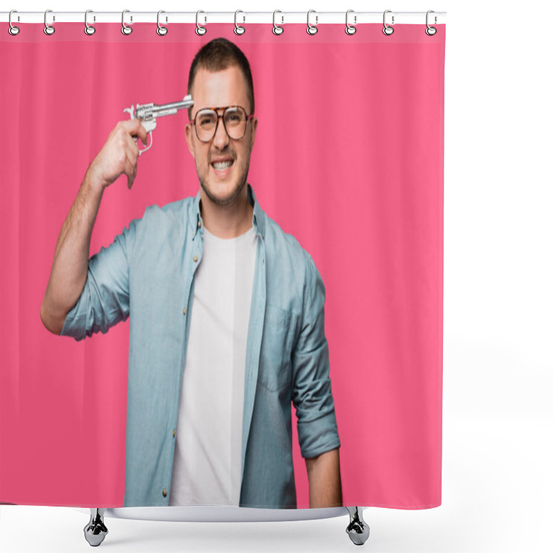 Personality  Young Man In Eyeglasses Holding Revolver Near Head And Looking At Camera Isolated On Pink Shower Curtains