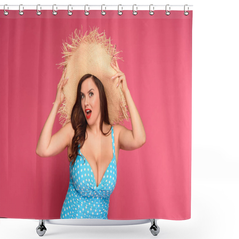 Personality  Beautiful Surprised Size Plus Woman In Straw Hat Looking At Camera Isolated On Pink Shower Curtains