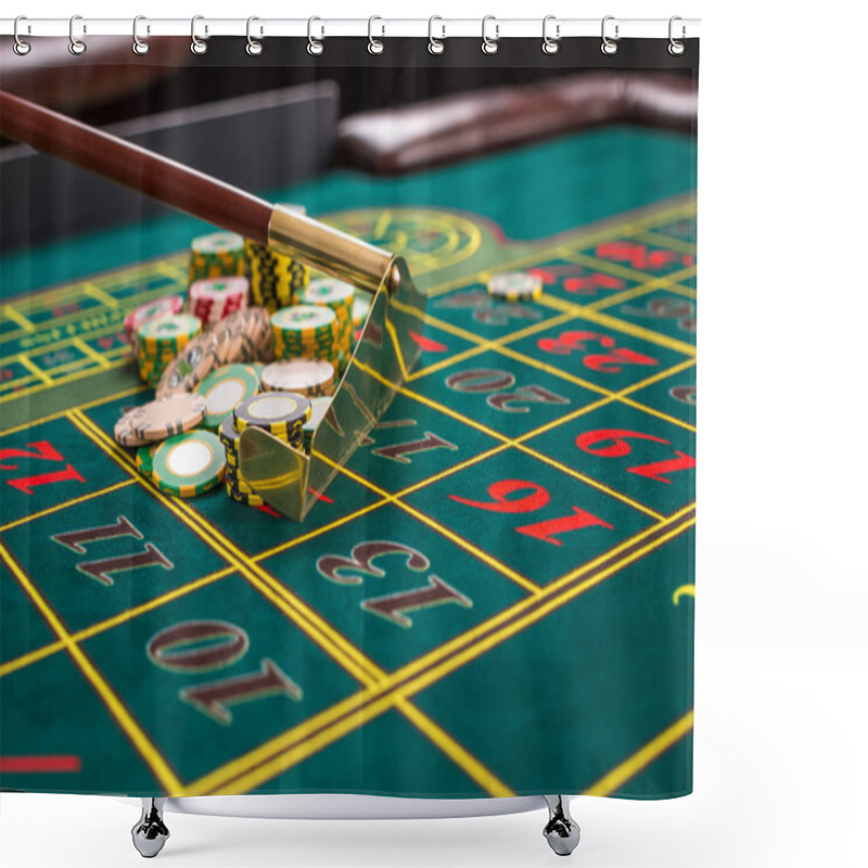 Personality  Close Up Of Gambling Chips On Green Table In Casino. Shower Curtains