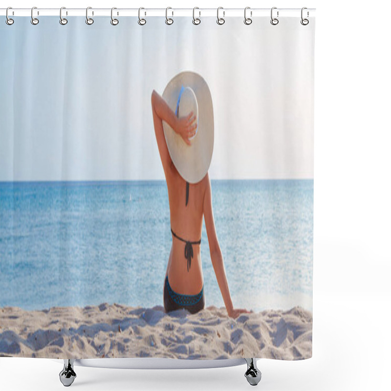 Personality  Journey To The Sea. Girl In A Bathing Suit And Hat Sunbathing On The Beach. Tourist Sitting On The Sand. Leisure Wear. Copy Space Shower Curtains