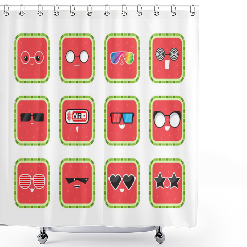 Personality  Funny Cute Cartoon Comic Watermelon Characters In Glasses With Showing Various, Different Emotions. Set Of Watermelon Icons. Funny Characters, Mascots, Emoticons Isolated On White Background. Vector Shower Curtains