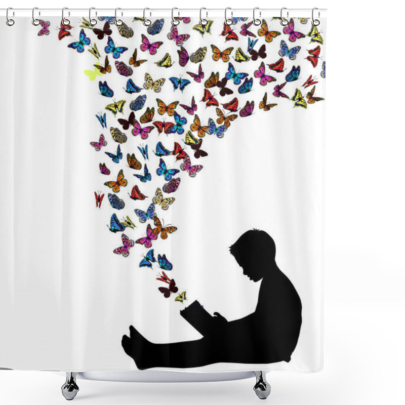 Personality  Kid Boy Study Learning Reading Book Looking For Inspiration. A Lot Of Flying Butterflies. Vector Illustration Shower Curtains