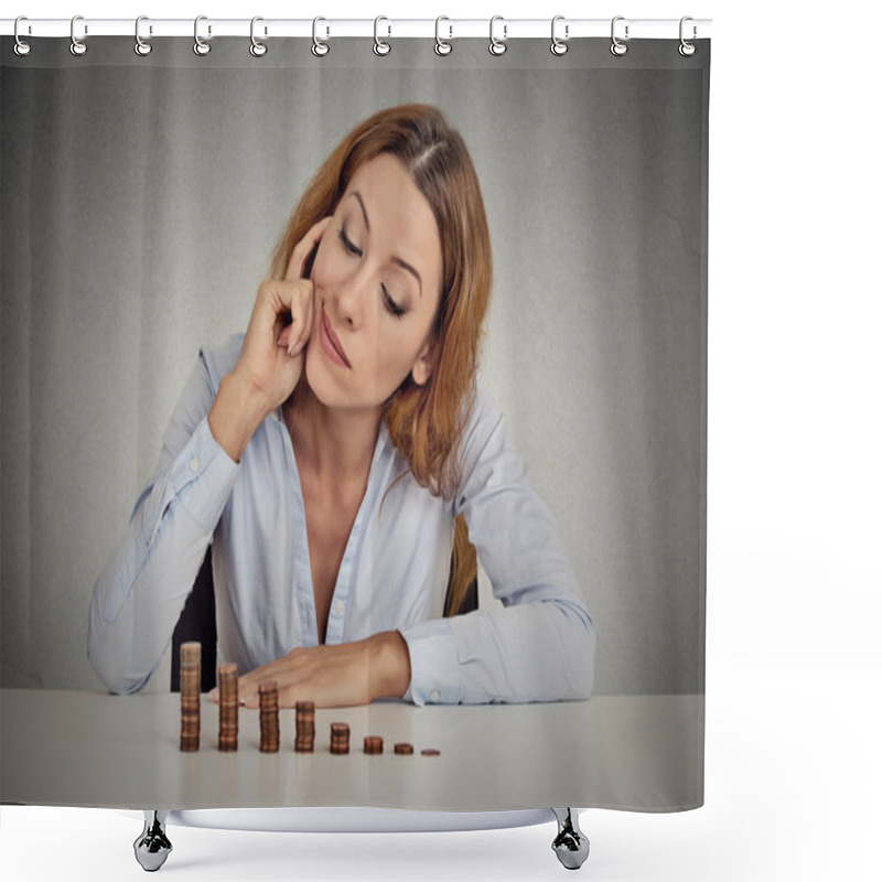 Personality  Business Woman Corporate Executive Sitting At Table With Growing Stack Of Coins Shower Curtains