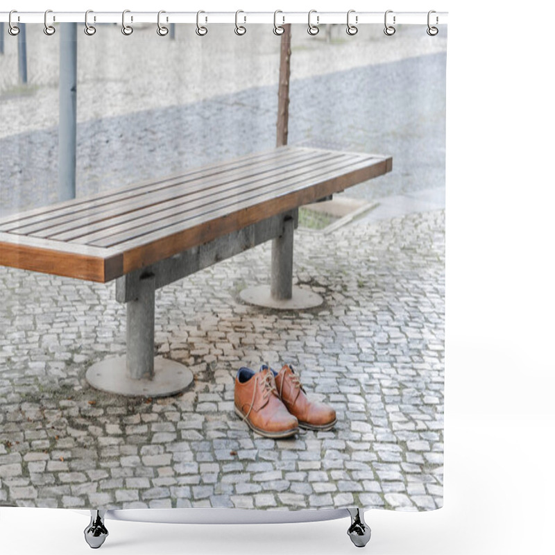 Personality  Brown Leather Shoes On A Cobblestone Pavement Next To A Bench In An Urban Setting. Shower Curtains