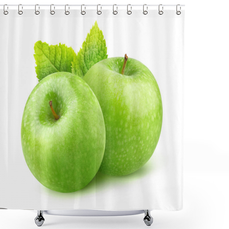 Personality  Isolated Apple. Two Green Granny Smith Apples And Leaf Of Mint Isolated On White Background With Clipping Path Shower Curtains