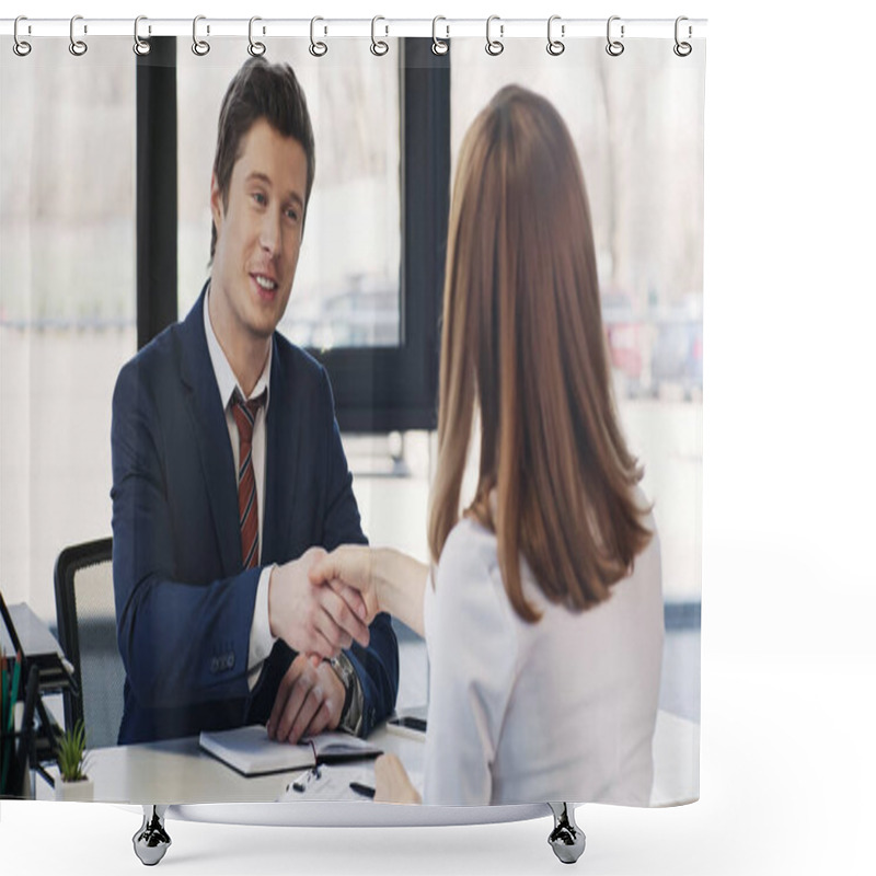 Personality  Pleased Businessman Shaking Hands With Woman After Job Interview Shower Curtains