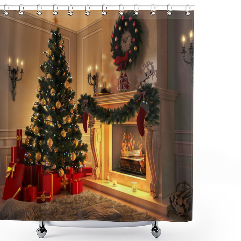 Personality  New Interior With Christmas Tree, Presents And Fireplace. Postcard. Shower Curtains