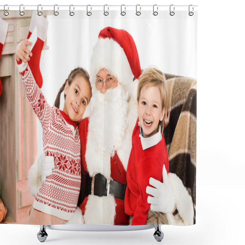 Personality  Kids Taking Selfie With Santa While Sitting In Armchair Together Shower Curtains