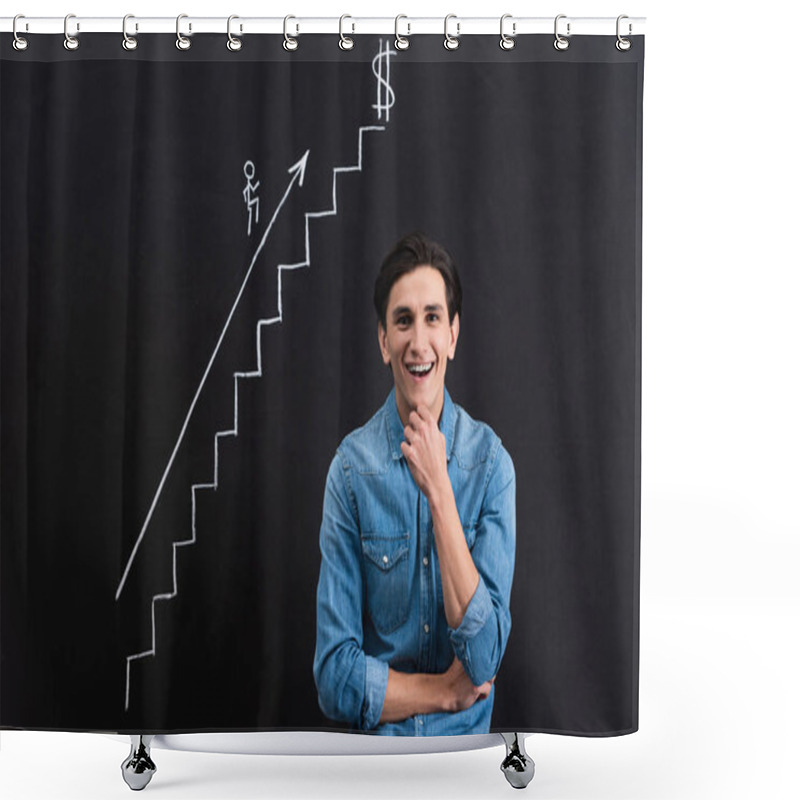 Personality  Happy Pensive Man With Business Growth Drawing On Blackboard Shower Curtains