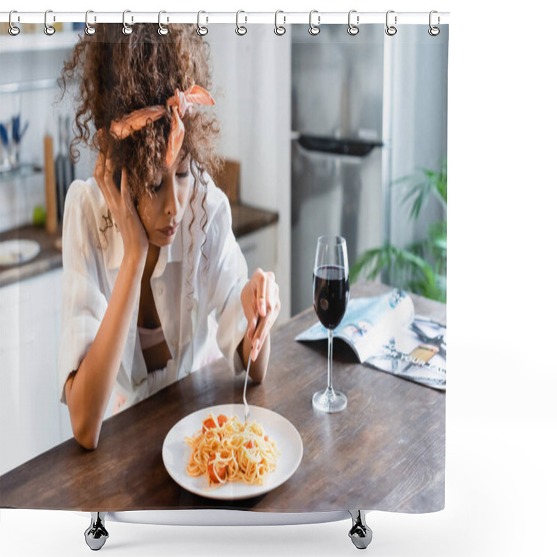 Personality  Upset Woman Holding Fork Near Plate With Prepared Spaghetti And Glass Of Wine On Table Shower Curtains