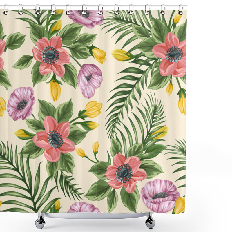 Personality  Floral Seamless Pattern With Tropical Leaves, Anemones And Poppies. Square Shape. Beige Background Shower Curtains