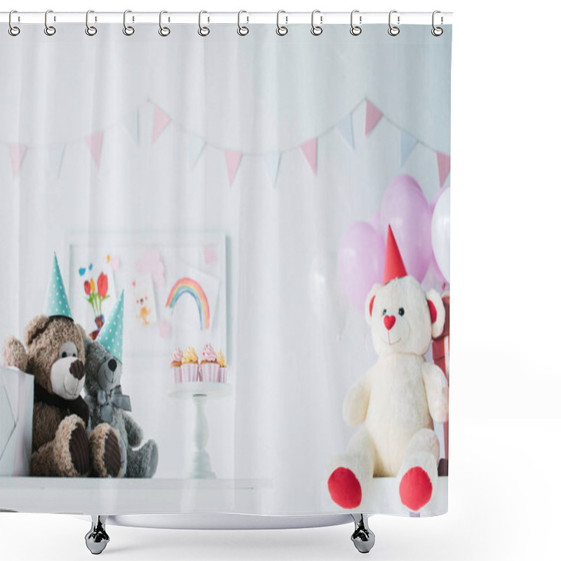 Personality  Teddy Bears In Cones On Table With Cupcakes On Stand In Decorated For Birthday Room Shower Curtains