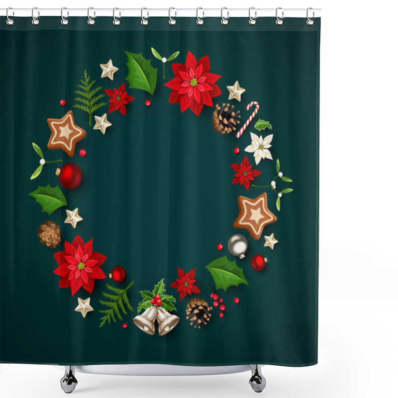 Personality  Christmas Card With Poinsettia Flowers, Christmas Balls, Bells, Holly, Mistletoe, Fir Branches, Pine Cones, Stars, And Cookies On A Dark Turquoise Background. Greeting Or Invitation Card Design Shower Curtains