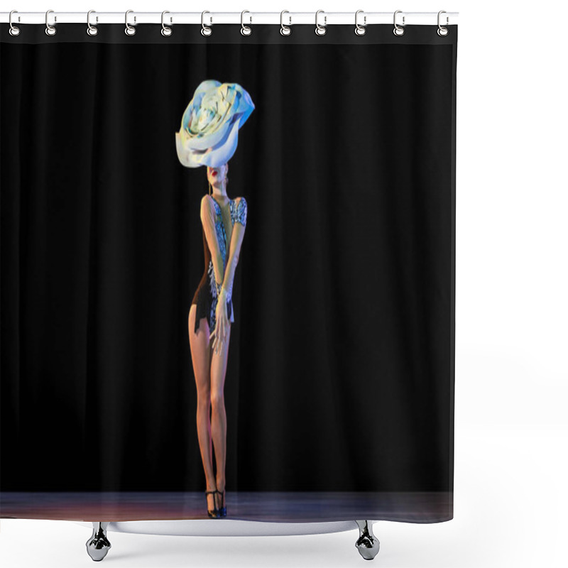 Personality  Young Female Dancer With Huge Floral Hat In Neon Light On Black Background Shower Curtains