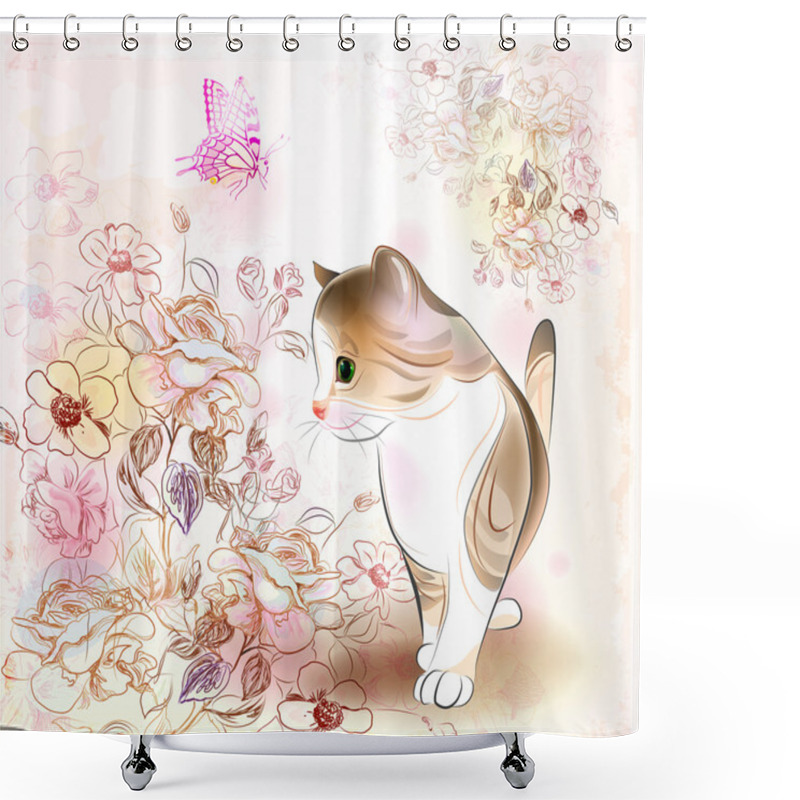 Personality  Retro Birthday Greeting Card With Little Tabby Kitten ,flowers Shower Curtains