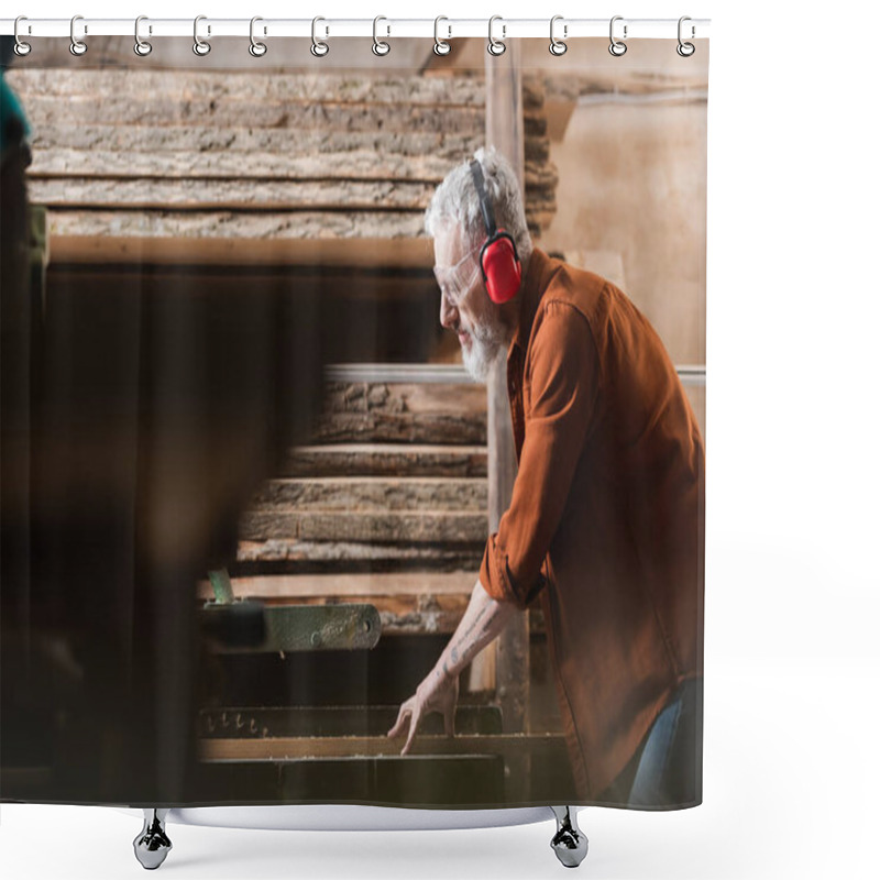 Personality  Side View Of Carpenter In Protective Earmuffs Working On Circular Saw On Blurred Foreground Shower Curtains