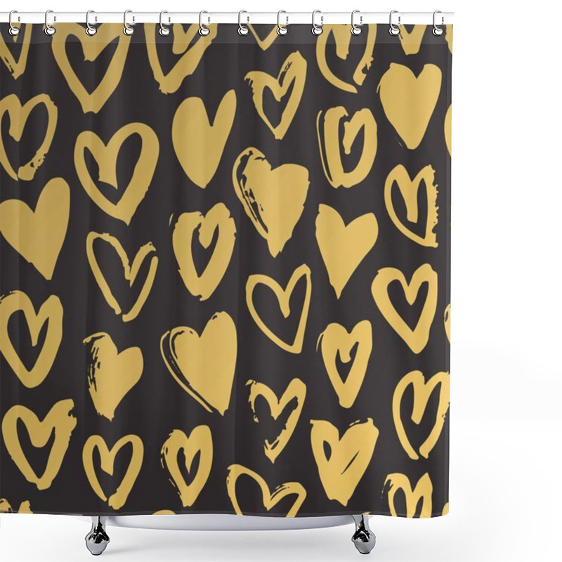 Personality  Hand Drawn Paint Seamless Pattern. Black And Gold Hearts Background. Abstract Brush Drawing. Grunge Vector Art Illustration Shower Curtains