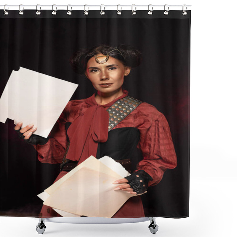 Personality  Attractive Steampunk Young Woman Holding Papers On Black Shower Curtains