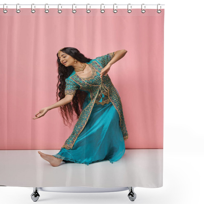 Personality  Good Looking Indian Woman In Traditional Blue Sari Gesturing While Dancing On Pink Background Shower Curtains