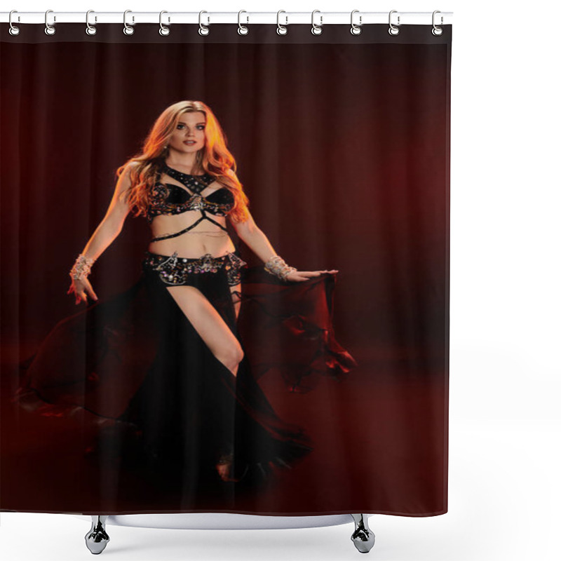 Personality  Young Woman In A Vibrant Belly Dance Outfit Gracefully Posing For A Picture. Shower Curtains