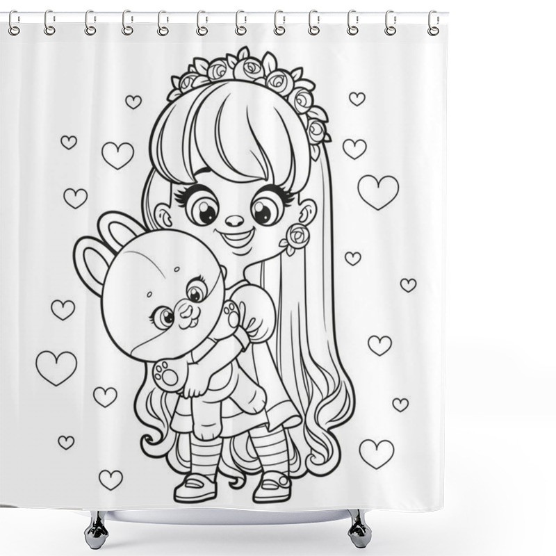 Personality  Cute Cartoon Long Haired Girl With Big Toy Bunny In Hands Outlined For Coloring Page On A White Background Shower Curtains