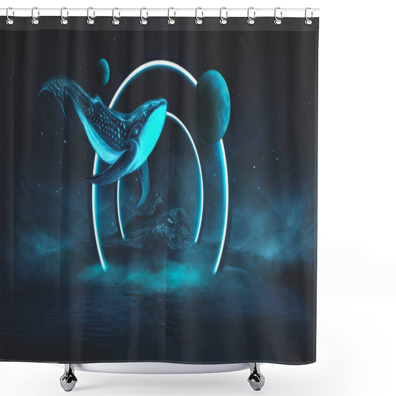 Personality  Abstract Night Fantasy Landscape With An Island, A Whale In The Sky, A Dark Fantasy Scene, An Unreal World, A Fish, A Whale, A Sperm Whale. Reflection Of Neon Light, Water, Depths Of The Sea. Night Fantasy Galaxy Space Landscape.  Shower Curtains