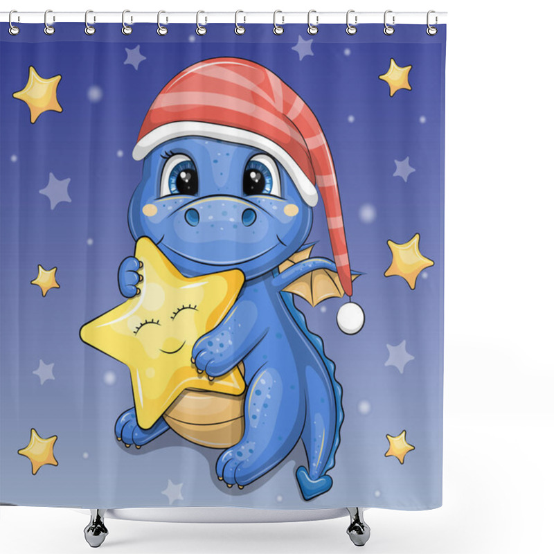 Personality  Cute Cartoon Blue Dragon In Red Nightcap Holds A Yellow Star. Night Vector Illustration On Dark Blue Background With Stars. Shower Curtains