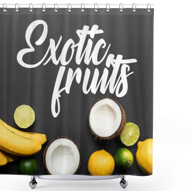 Personality  Top View Of Ripe Tropical Fruits On Black Background With Exotic Fruits Illustration Shower Curtains