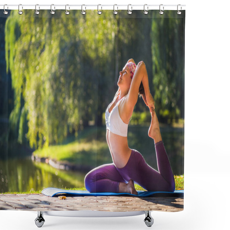 Personality  Young Woman Doing Yoga In Morning Park Shower Curtains