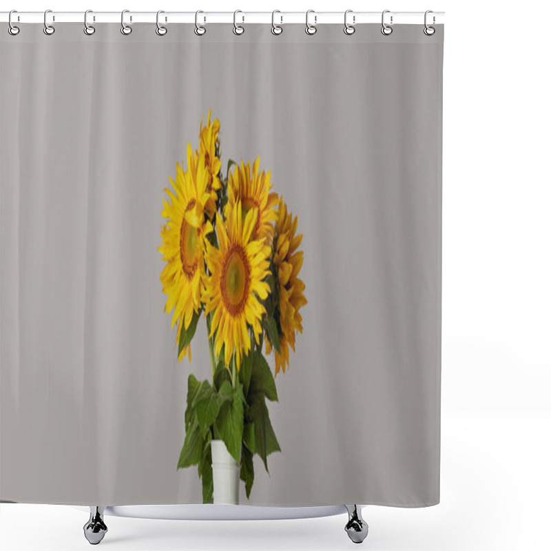 Personality  Bouquet Of Yellow Sunflowers In Vase, Isolated On Grey Shower Curtains