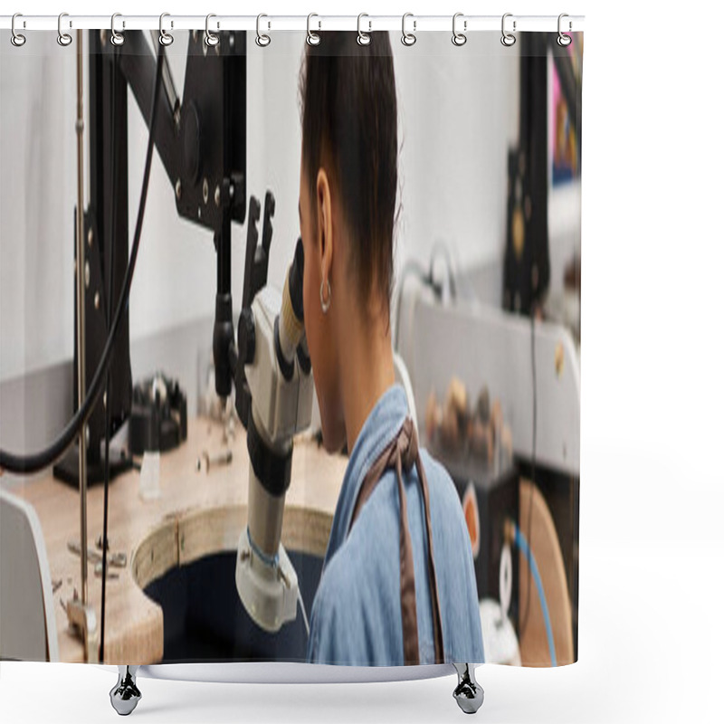 Personality  The Artisan Meticulously Crafts Intricate Jewels In A Bright And Focused Workspace. Shower Curtains